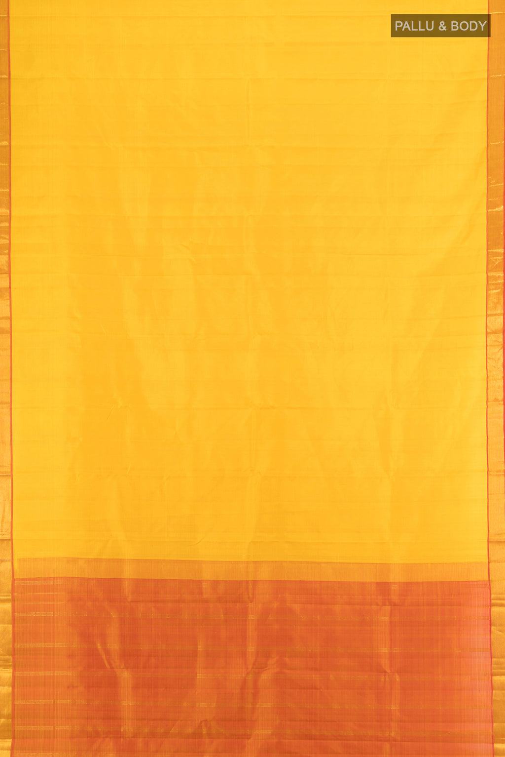 Flat view of Yellow Kanjivaram Silk Saree with Plain Body and Zari Border. 