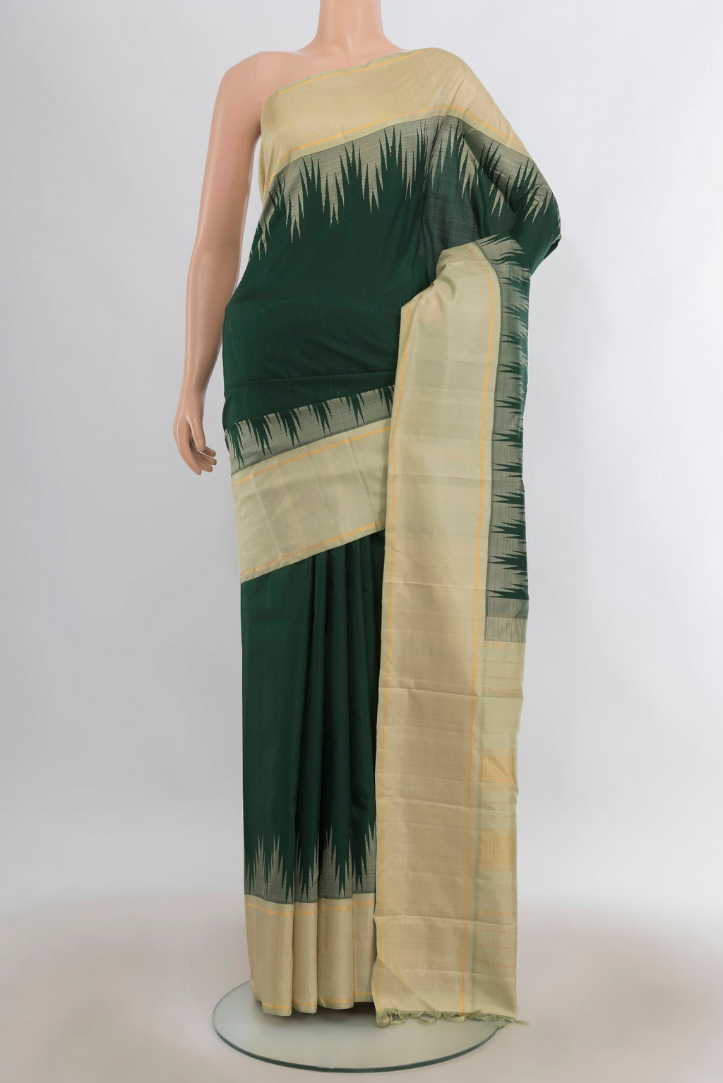 Pure Silk Bottle Green Kanjivaram Saree with Plain Body and Temple Border.  displayed on a mannequin