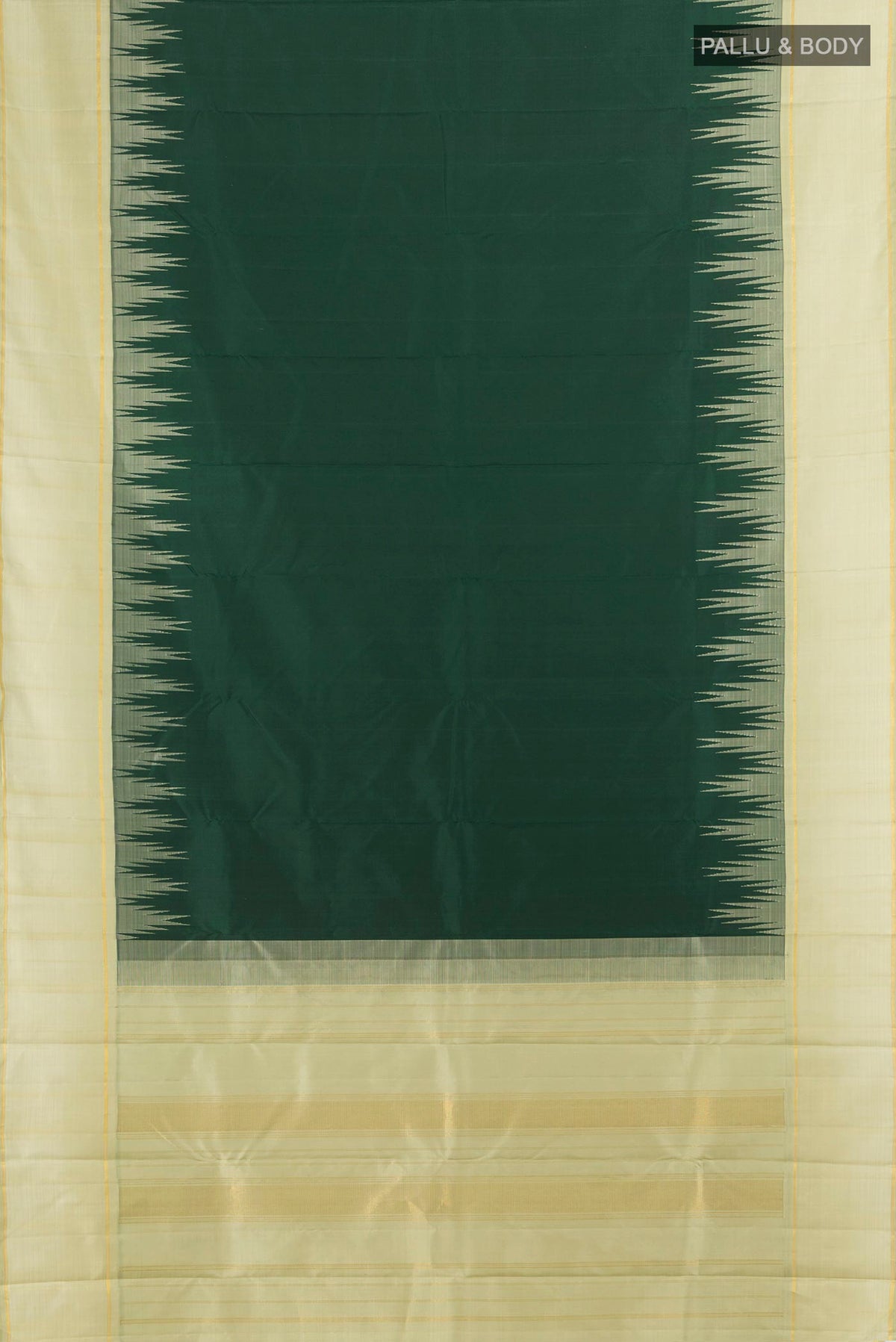 Flat view of Pure Silk Bottle Green Kanjivaram Saree with Plain Body and Temple Border. 