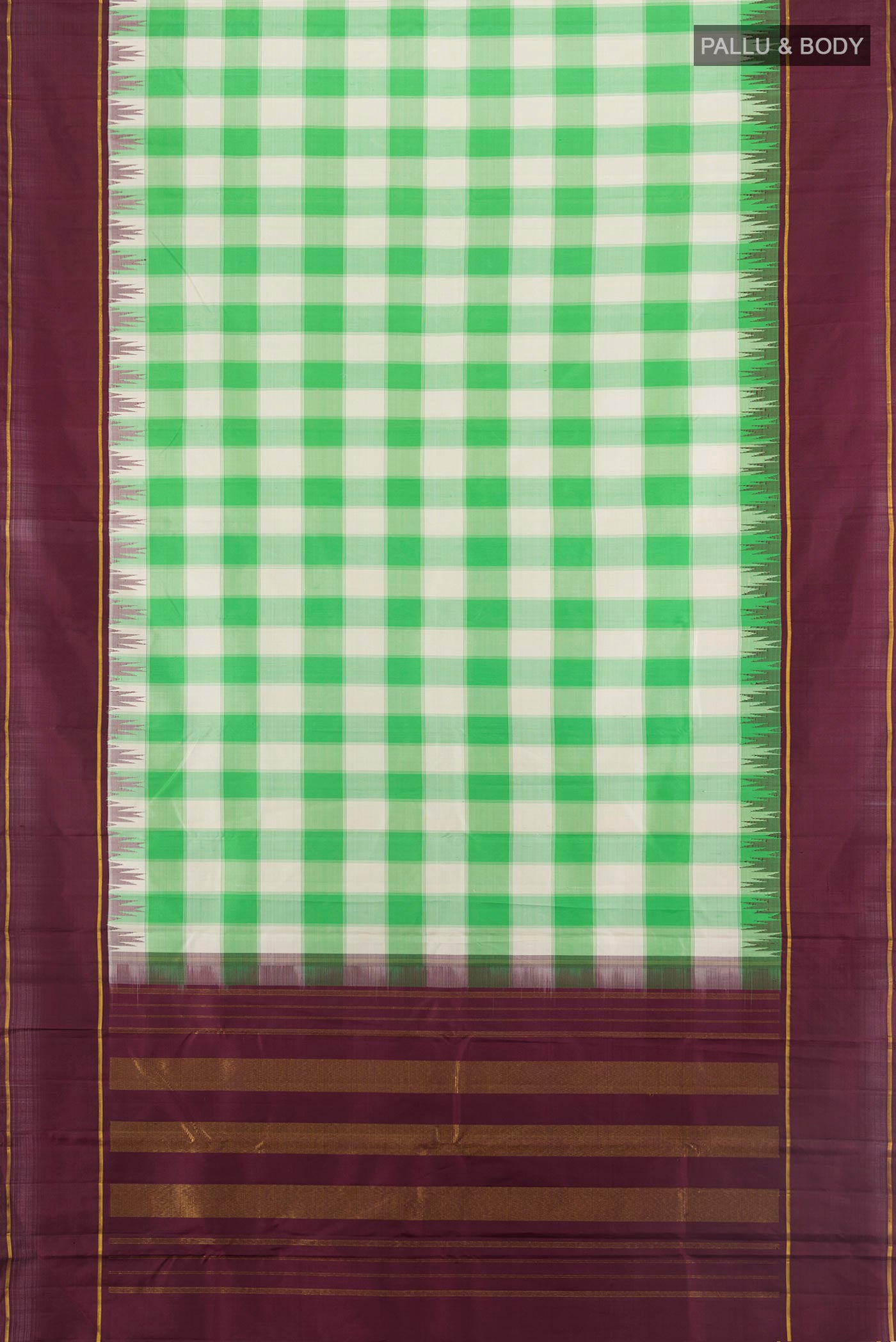 Flat view of Multi Color Kanjivaram Silk Saree with Checked design on the body and Plain Border. 
