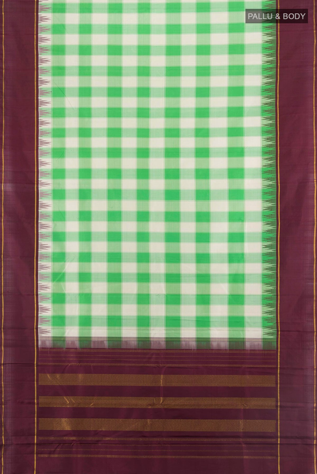 Flat view of Multi Color Kanjivaram Silk Saree with Checked design on the body and Plain Border. 
