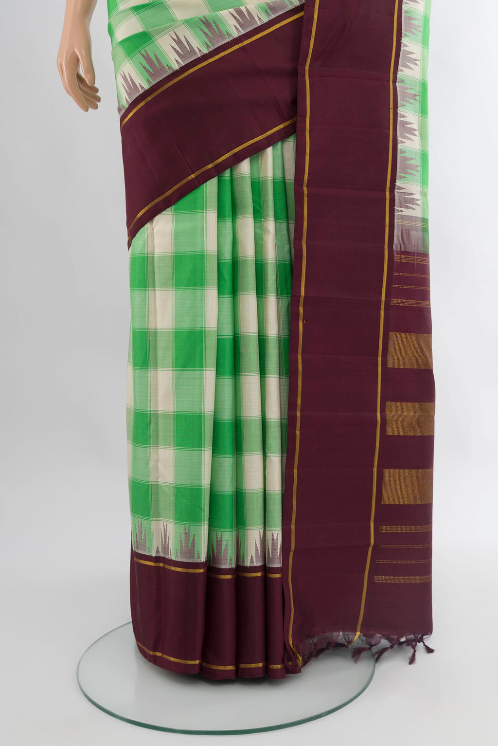 Pleats and pallu of Multi Color Kanjivaram Silk Saree with Checked design on the body and Plain Border. 