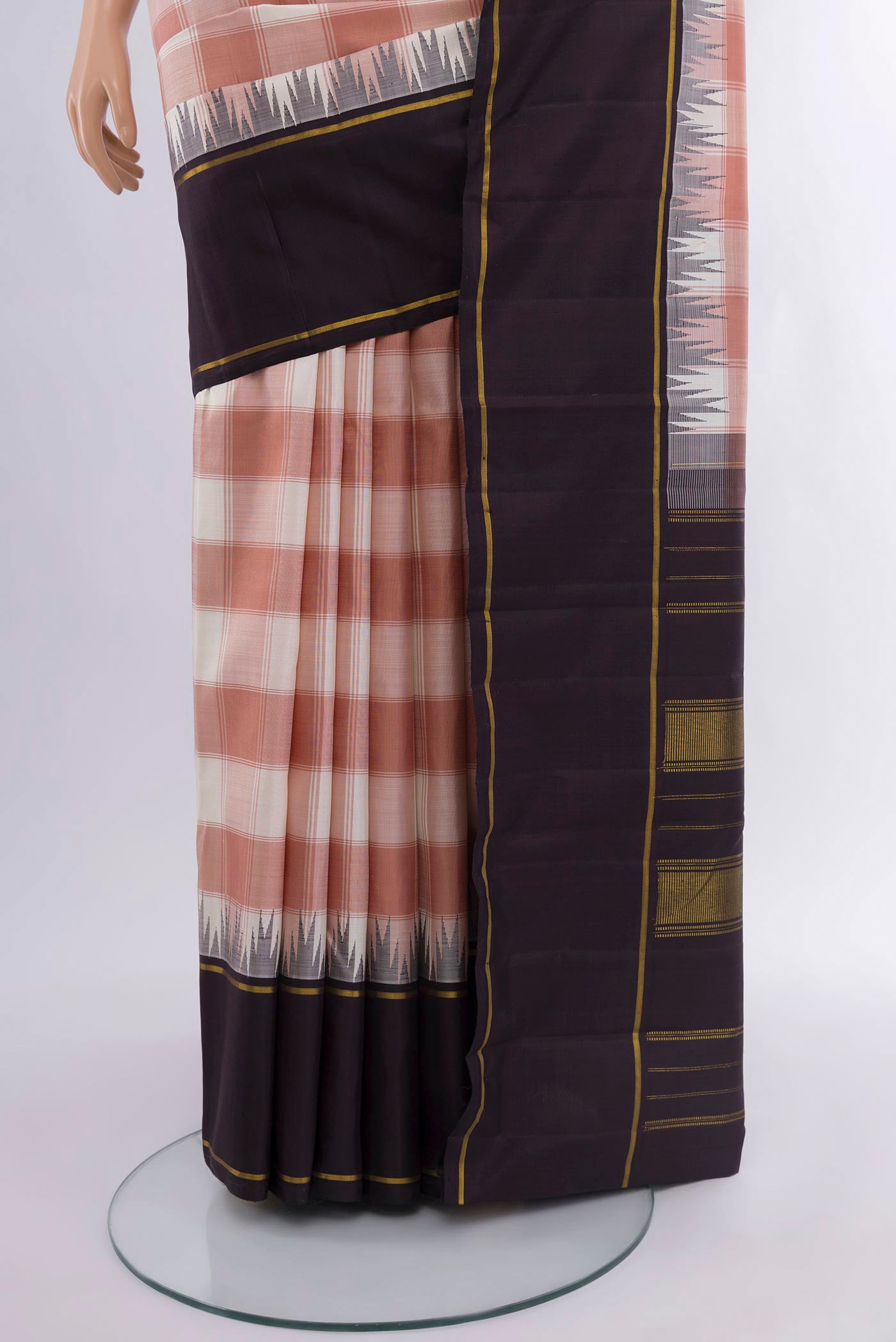 Pleats and pallu of Multi Color Kanjivaram Silk Saree with Checked design on the body and Plain Border. 