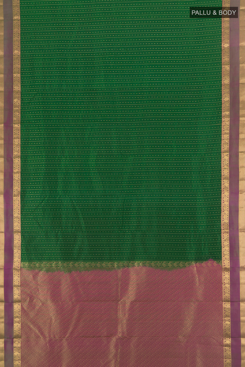 Flat view of Green Kanchipuram Silk Saree with Zari Butta on the body and Zari Border. 
