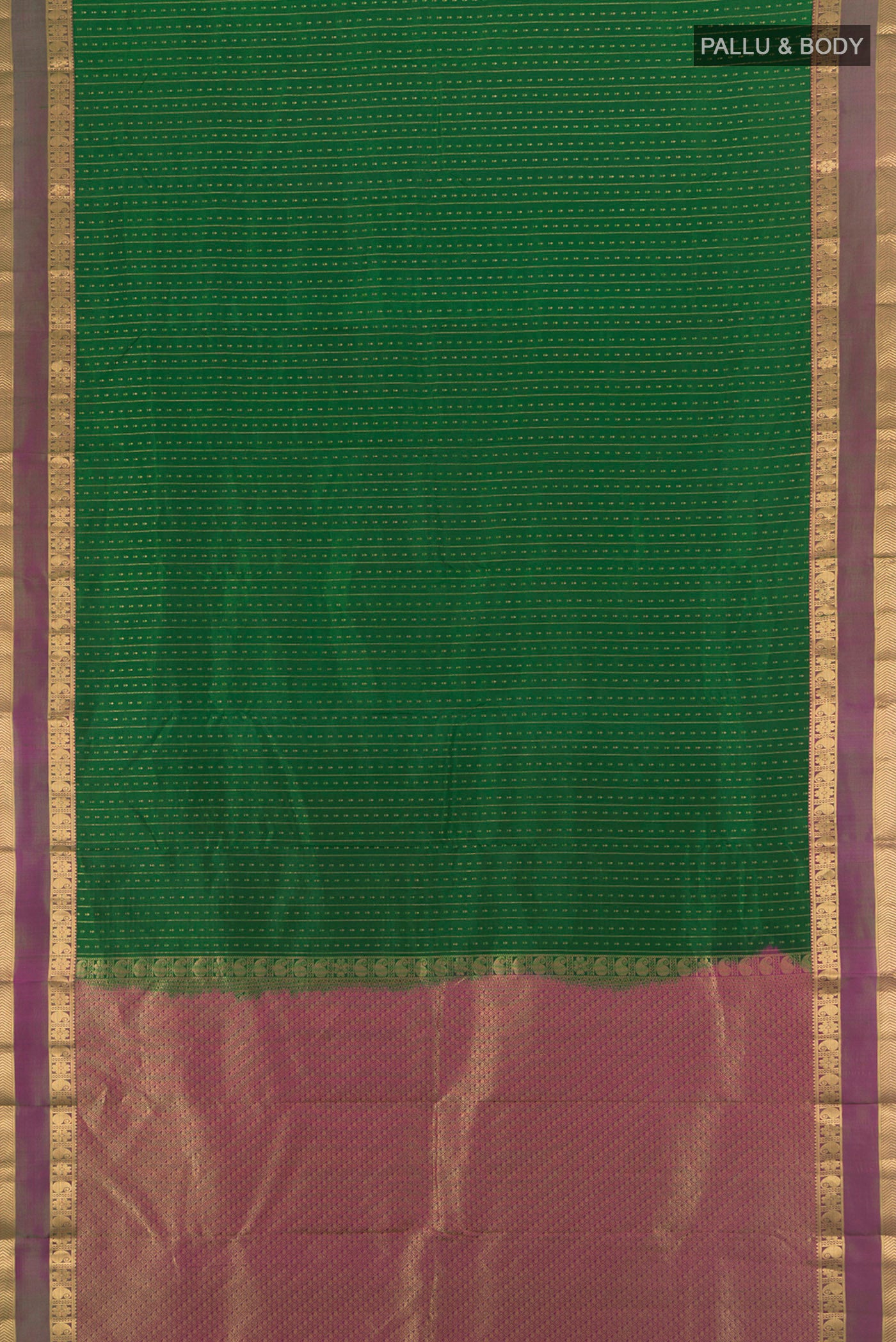 Flat view of Green Kanchipuram Silk Saree with Zari Butta on the body and Zari Border. 