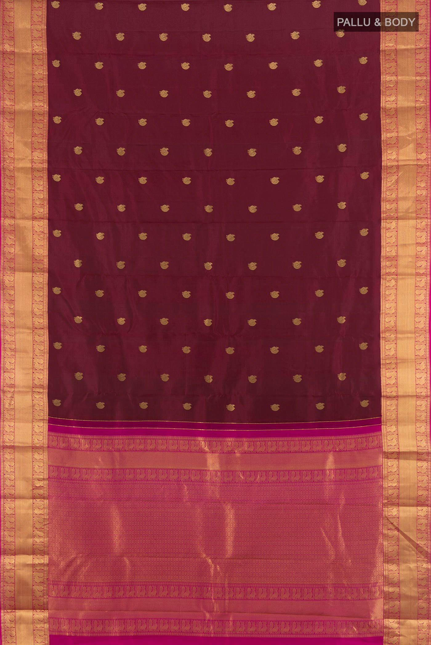 Flat view of Coffee Brown Kanjivaram Silk Saree with Zari Butta on the body and Zari Border. 