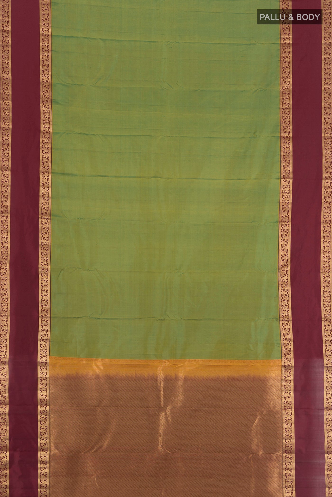 Flat view of Light Green Kanchipuram Silk Saree with Plain Body and Zari Border. 