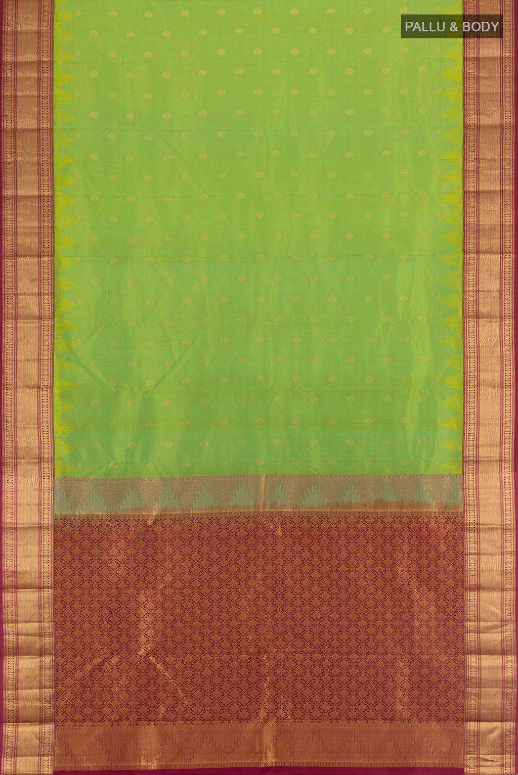 Flat view of Green Kanchipuram Silk Saree with Zari Butta on the body and Zari Border. 