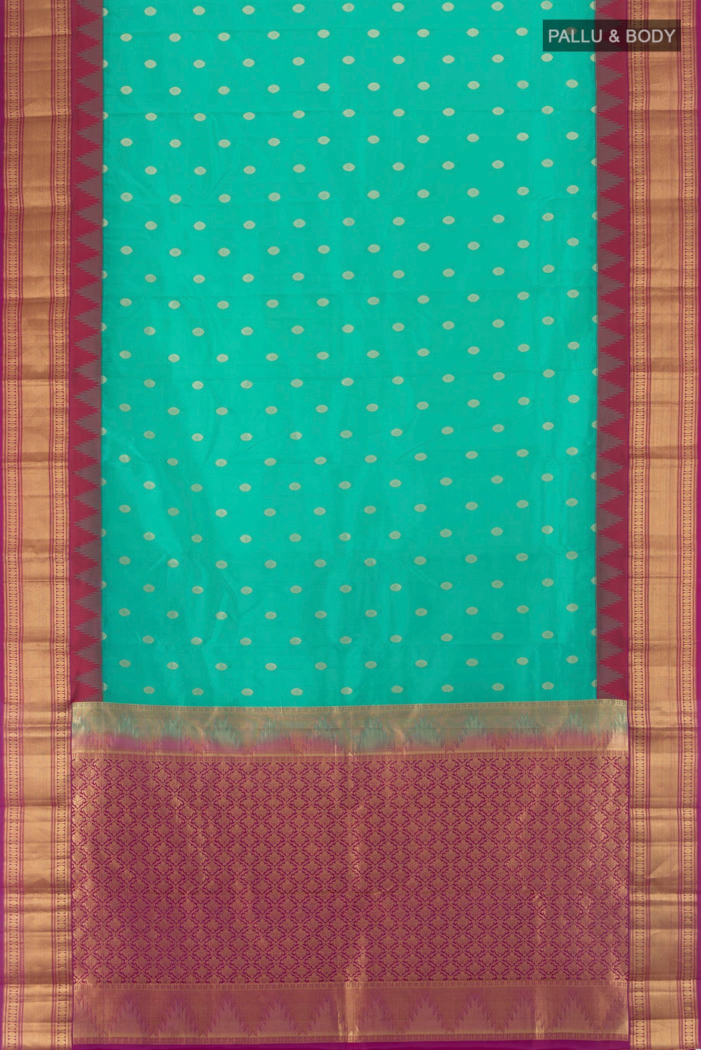 Flat view of Sea Green Kanchipuram Silk Saree with Zari Butta on the body and Zari Border. 