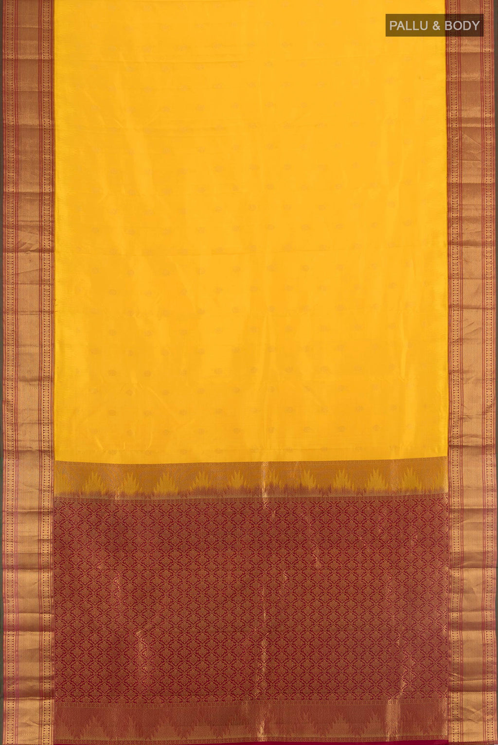 Flat view of Pure Silk Yellow Kanchipuram Saree with Zari Butta on the body and Zari Border. 
