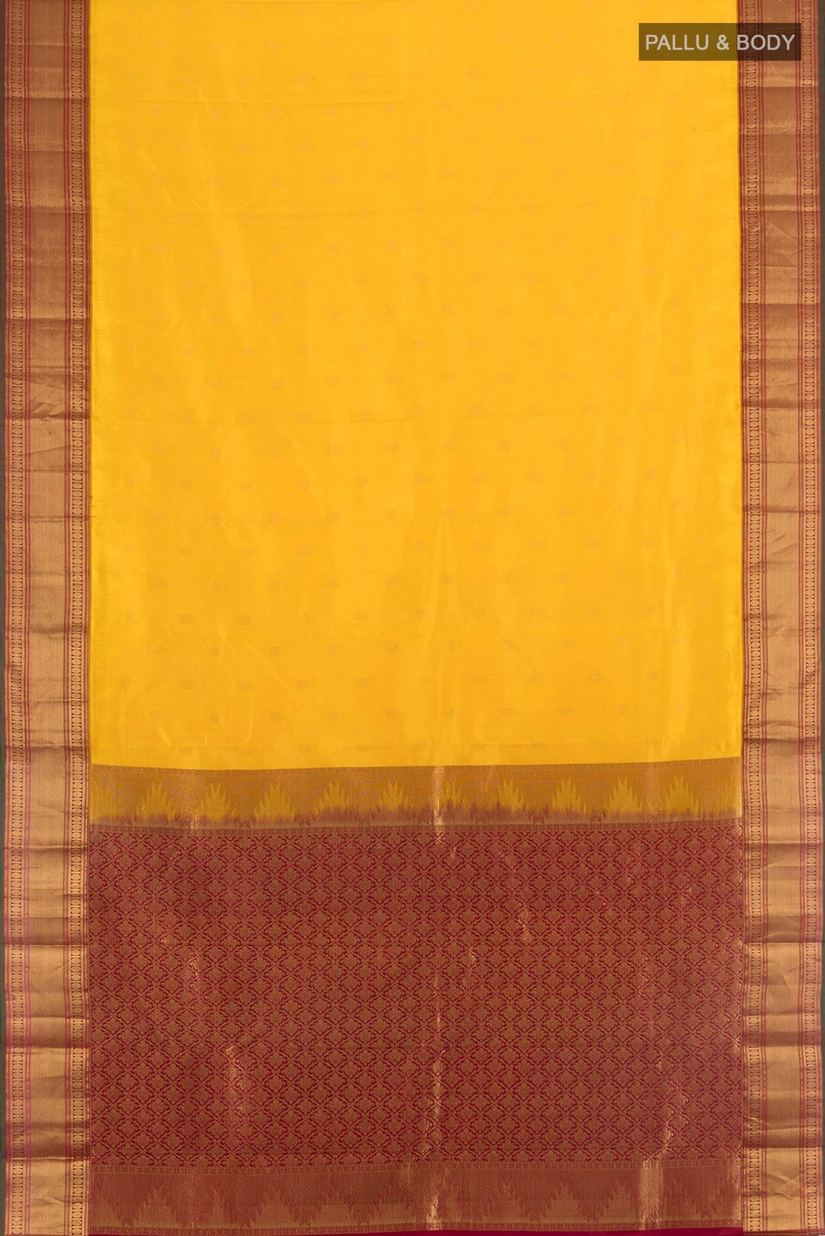 Flat view of Pure Silk Yellow Kanchipuram Saree with Zari Butta on the body and Zari Border. 