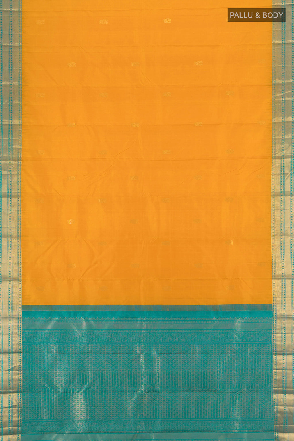 Flat view of Mustard Kanjivaram Silk Saree with Zari Butta on the body and Zari Border. 