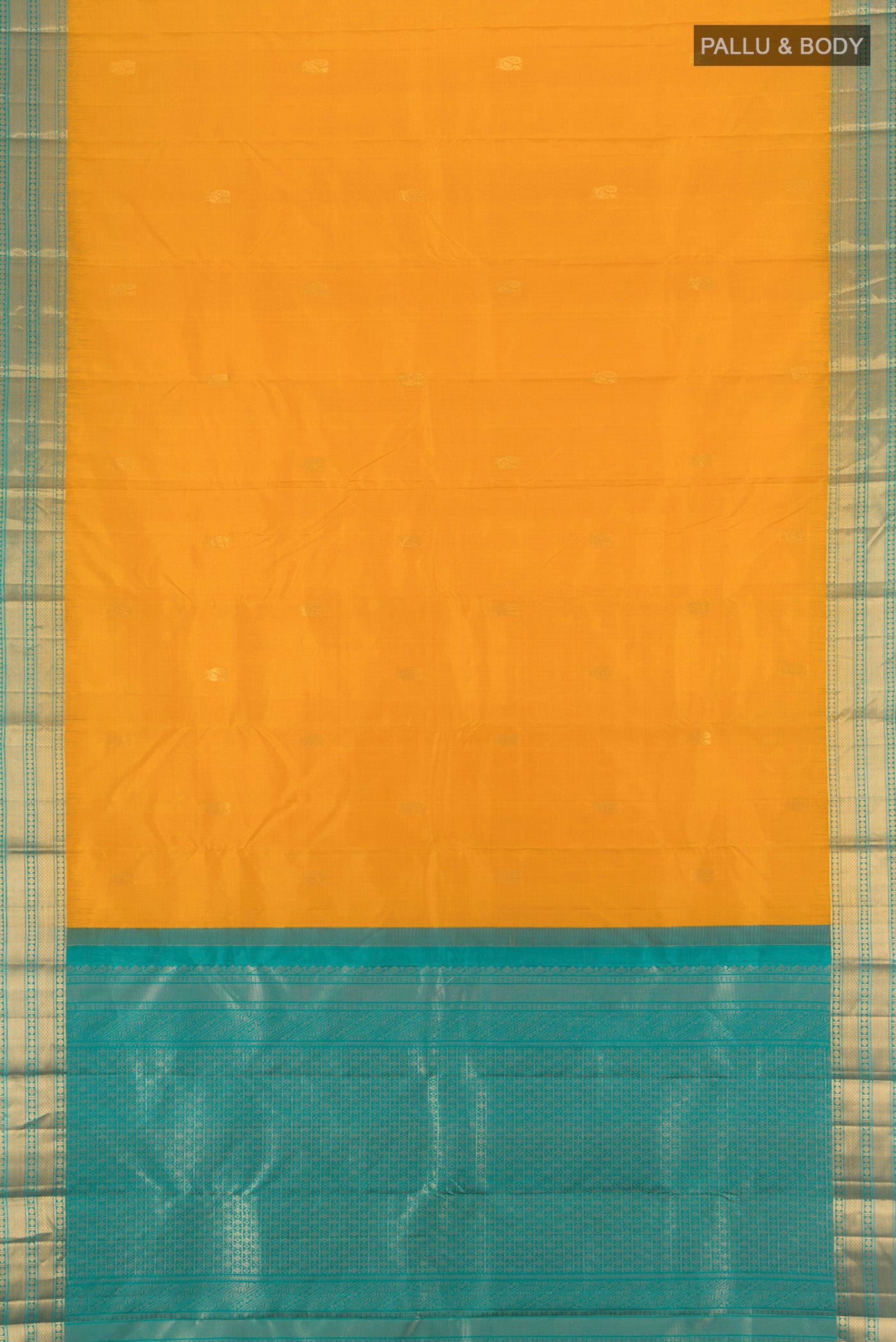 Flat view of Mustard Kanjivaram Silk Saree with Zari Butta on the body and Zari Border. 