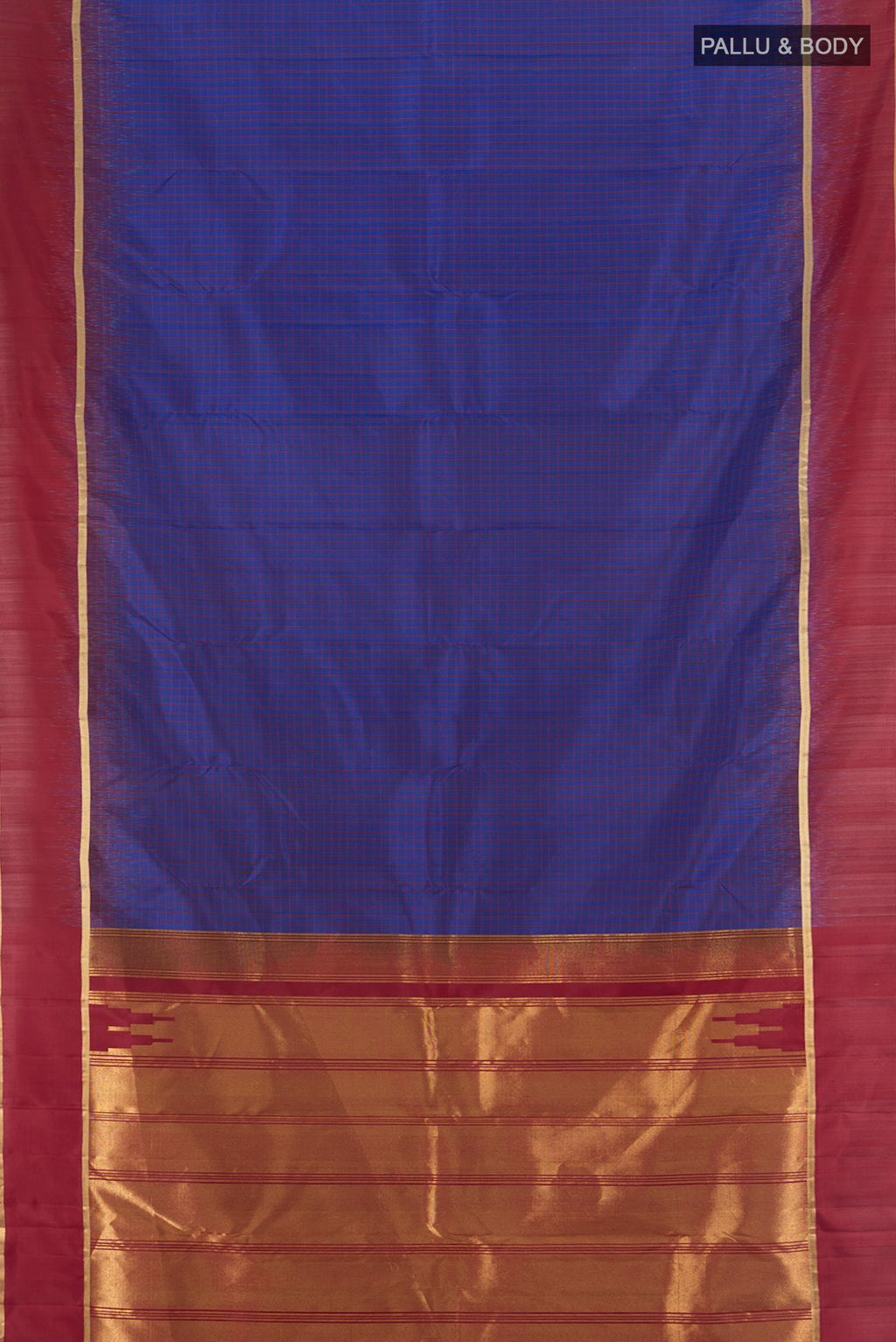 Flat view of Dark Blue Kanchipuram Silk Saree with Stripes on the body and Plain Border. 