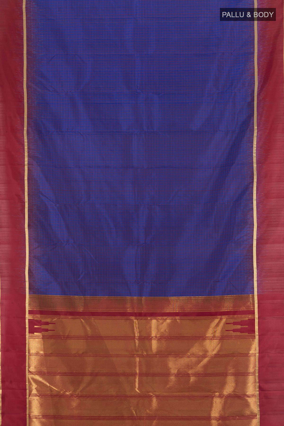 Flat view of Dark Blue Kanchipuram Silk Saree with Stripes on the body and Plain Border. 