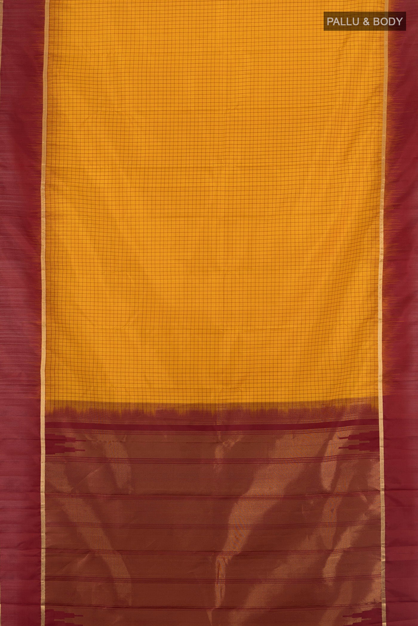 Flat view of Mustard Kanchipuram Silk Saree with Checked design on the body and Plain Border. 