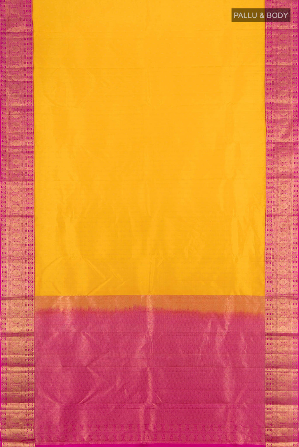 Flat view of Yellow Kanchipuram Silk Saree with Zari Butta on the body and Zari Border. 