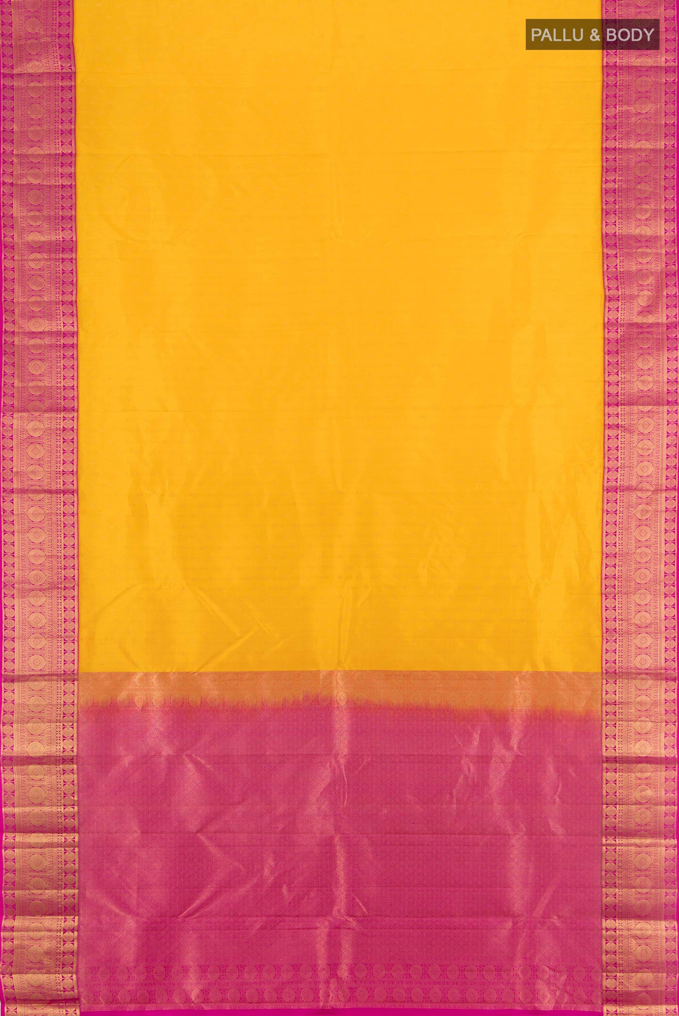 Flat view of Yellow Kanchipuram Silk Saree with Zari Butta on the body and Zari Border. 