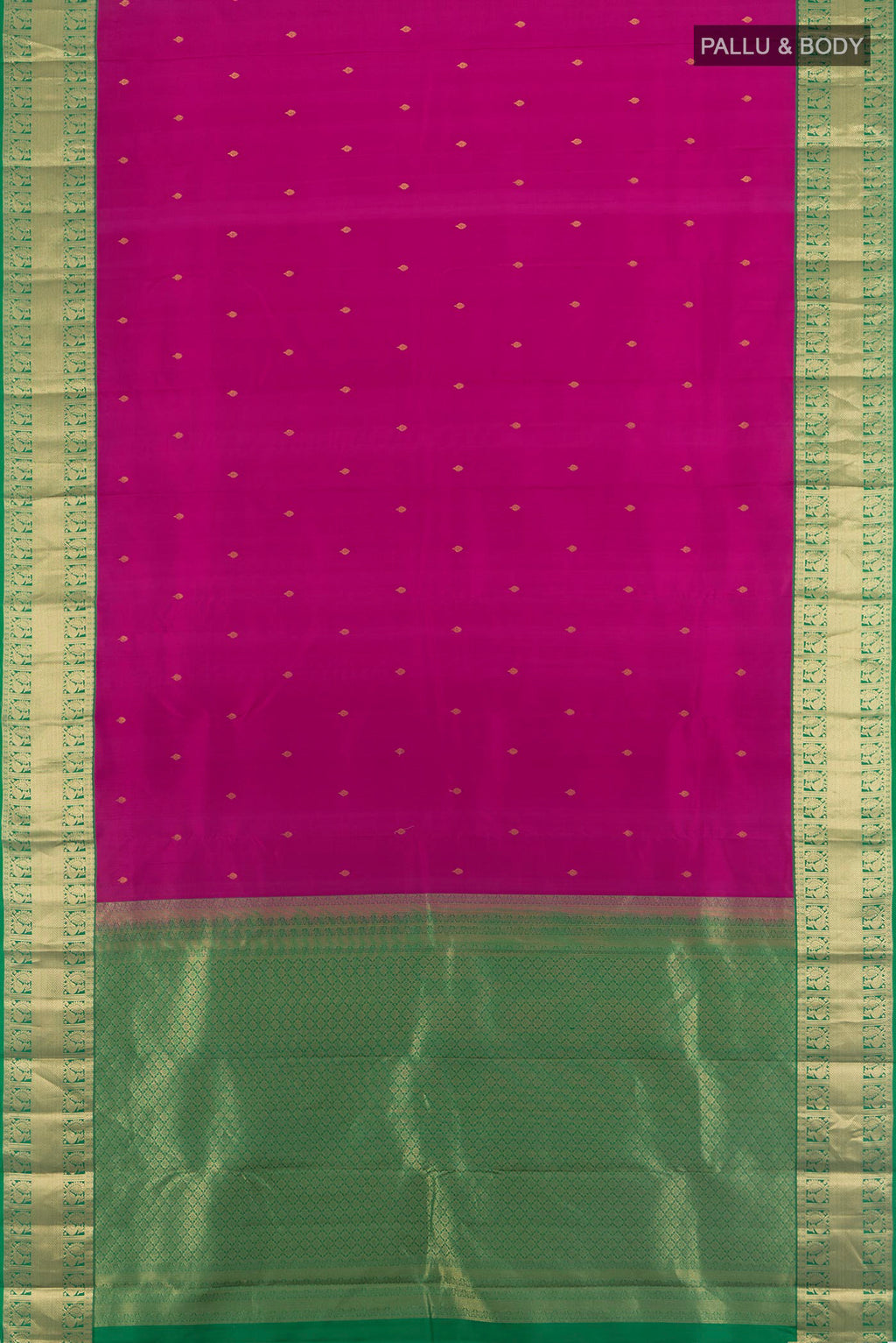 Flat view of Dark Pink Kanchipuram Silk Saree with Zari Butta on the body and Zari Border. 