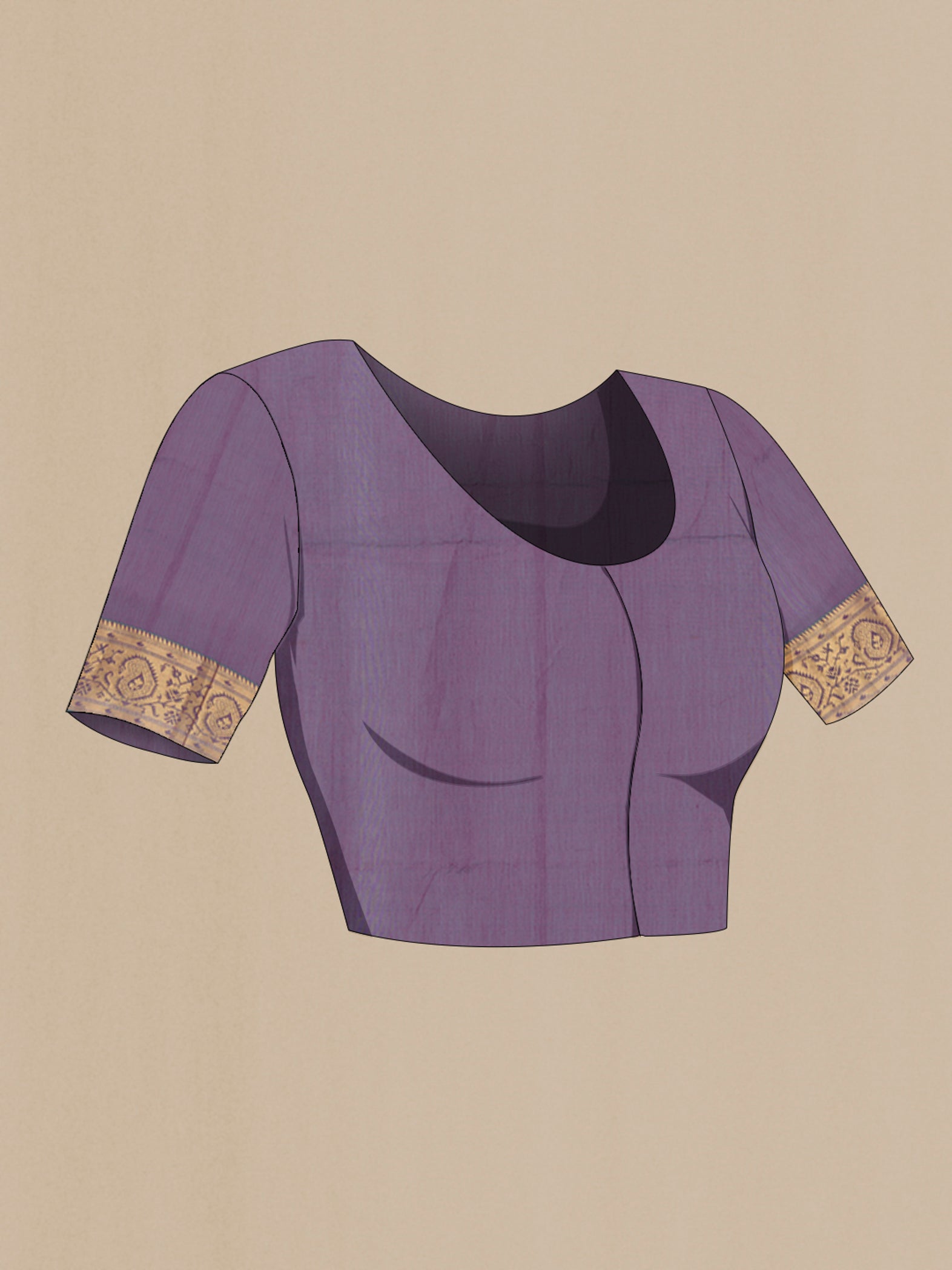 Close up image of the blouse of Purple Silk Cotton Saree with Zari Butta on the body and Zari Border. 