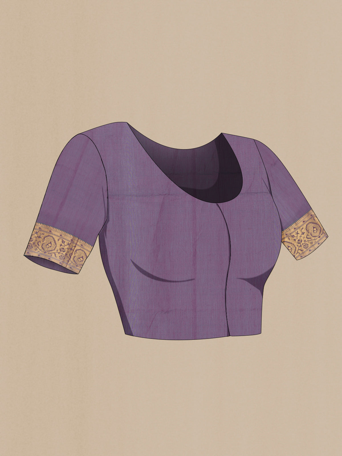Close up image of the blouse of Purple Silk Cotton Saree with Zari Butta on the body and Zari Border. 