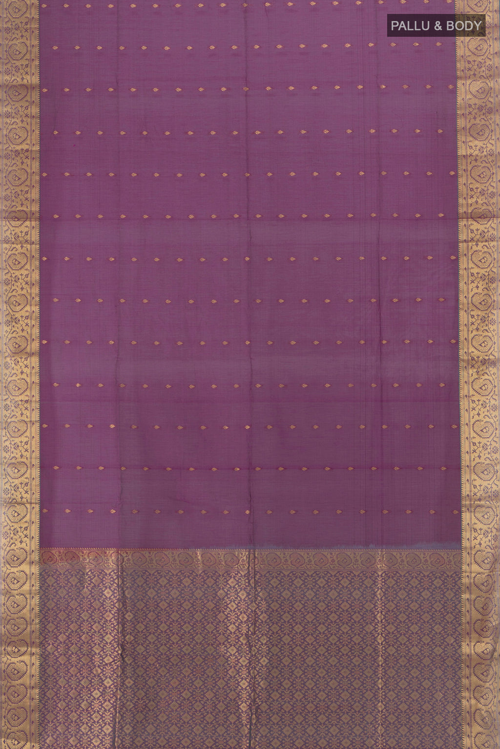 Flat view of Purple Silk Cotton Saree with Zari Butta on the body and Zari Border. 