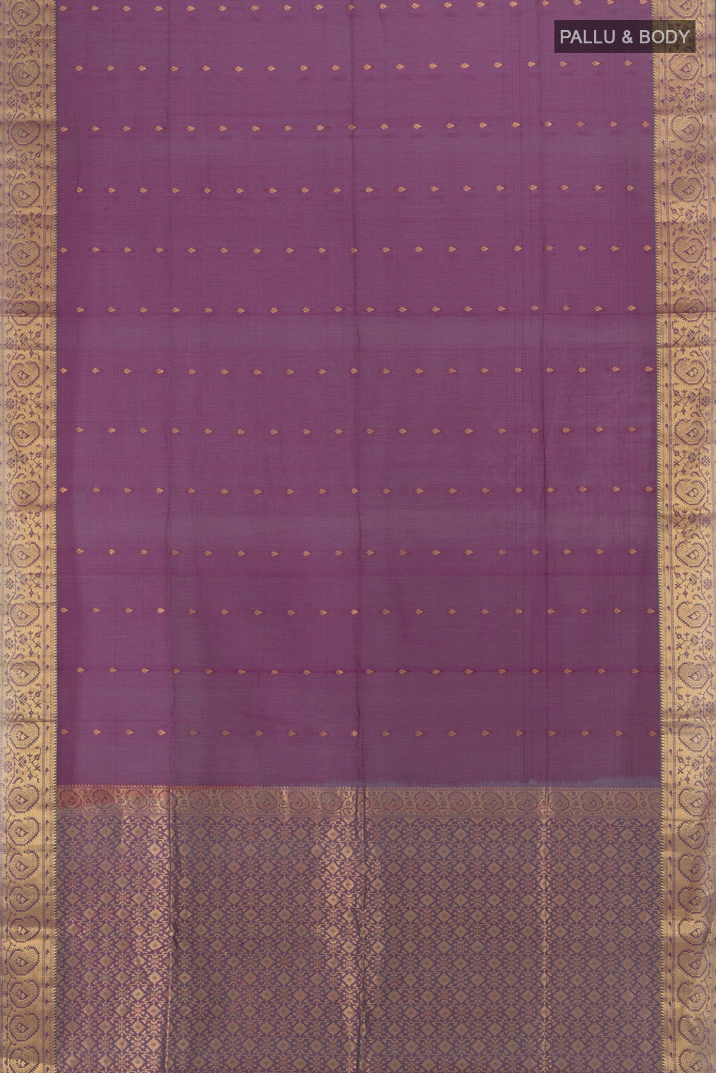 Flat view of Purple Silk Cotton Saree with Zari Butta on the body and Zari Border. 