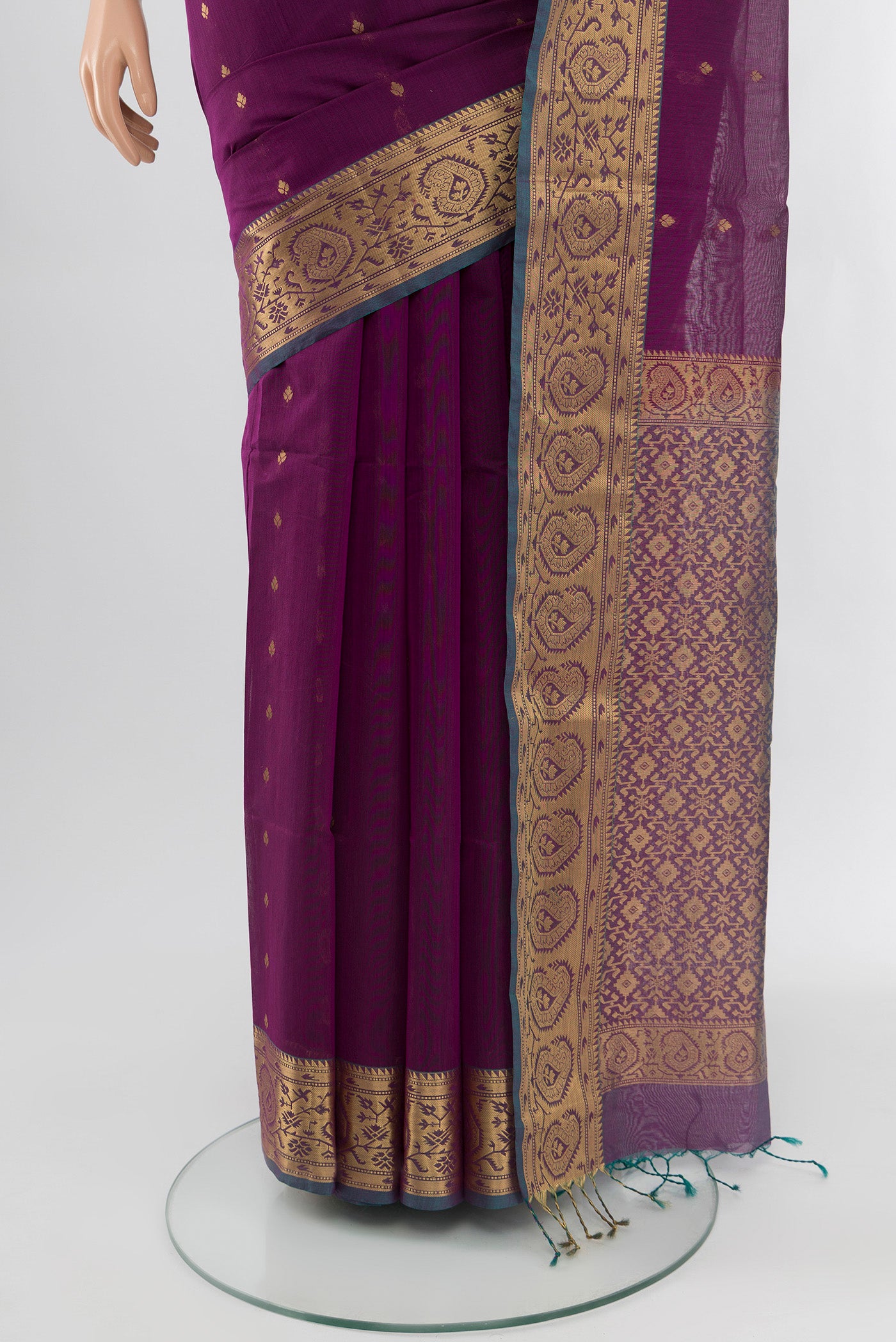 Pleats and pallu of Purple Silk Cotton Saree with Zari Butta on the body and Zari Border. 