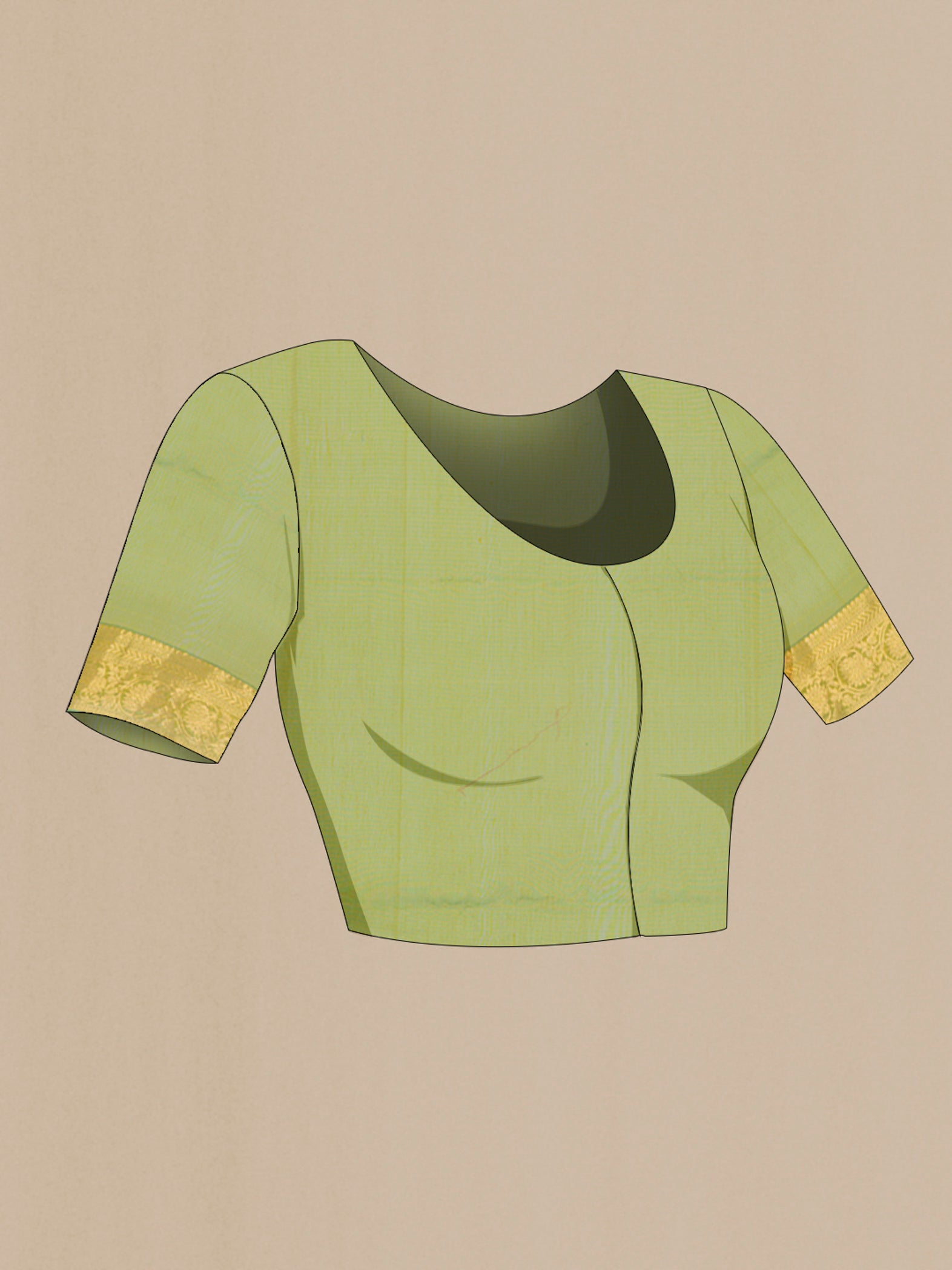 Close up image of the blouse of Green Silk Cotton Saree with Zari Butta on the body and Zari Border. 