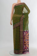 Green Silk Cotton Saree with Ikat Print on the body and Zari Border.  displayed on a mannequin