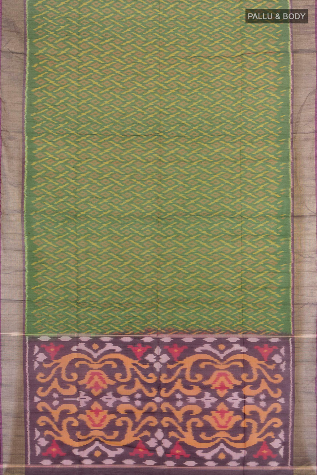 Flat view of Green Silk Cotton Saree with Ikat Print on the body and Zari Border. 