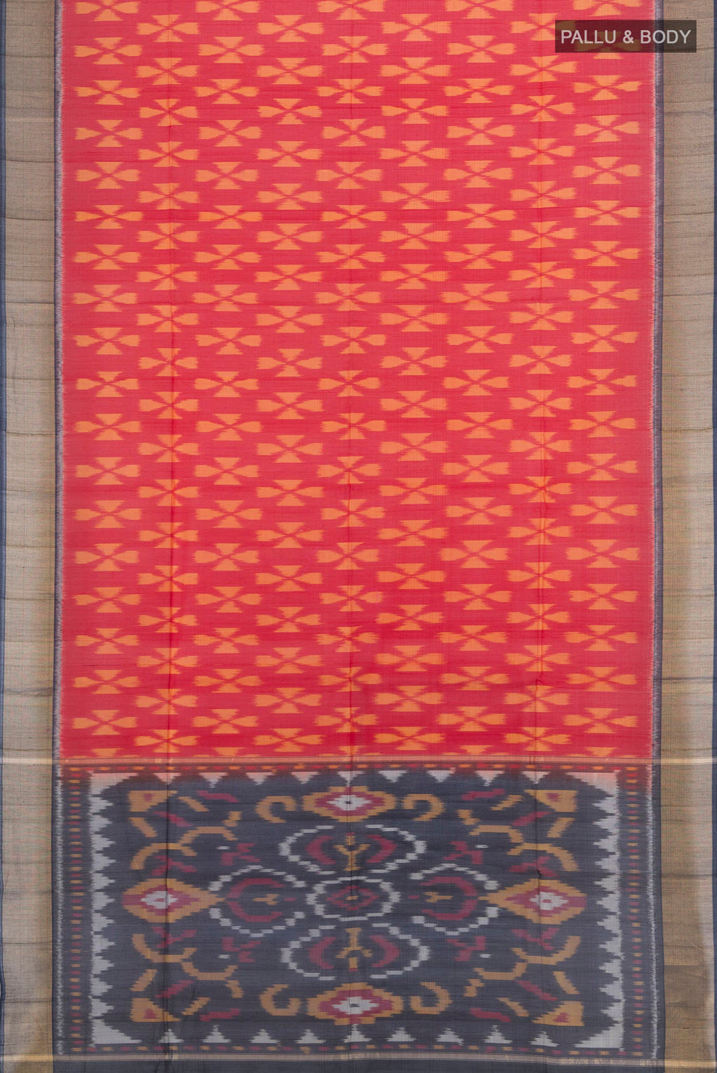 Flat view of Red Silk Cotton Saree with Ikat Print on the body and Zari Border. 