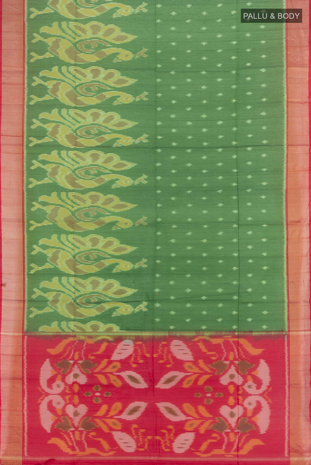 Flat view of Green Silk Cotton Saree with Ikat Print on the body and Zari Border. 