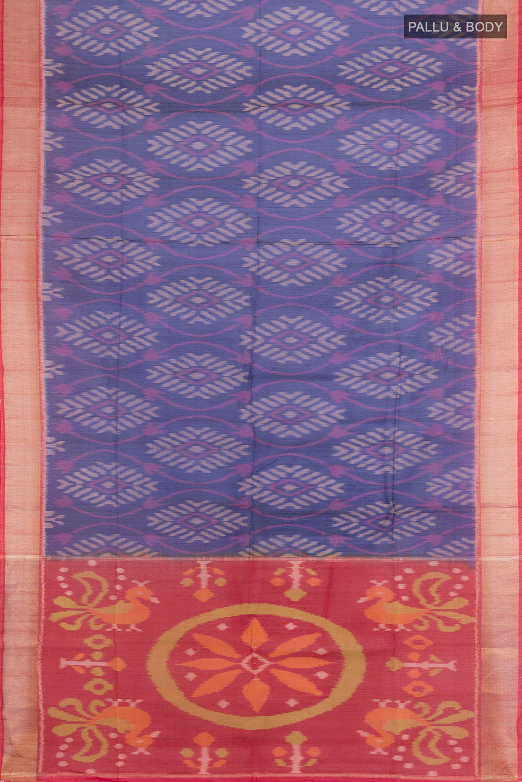 Flat view of Navy Blue Silk Cotton Saree with Ikat Print on the body and Zari Border. 