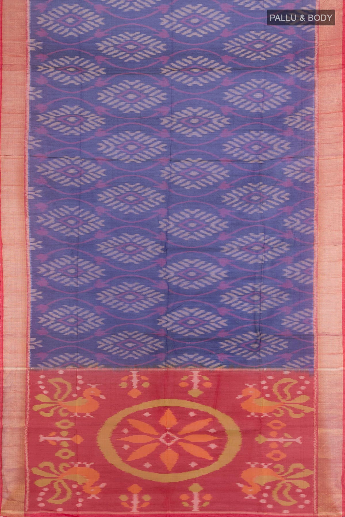 Flat view of Navy Blue Silk Cotton Saree with Ikat Print on the body and Zari Border. 