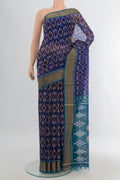 Navy Blue Silk Cotton Saree with Ikat Print on the body and Zari Border.  displayed on a mannequin