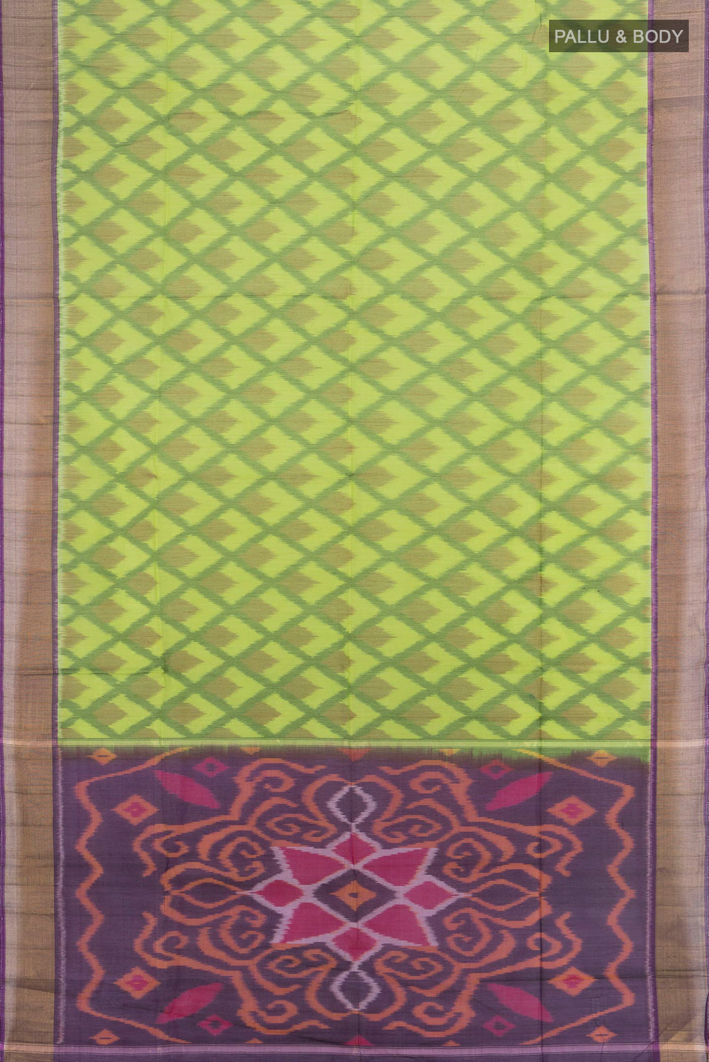 Flat view of Parrot Green Silk Cotton Saree with Ikat Print on the body and Zari Border. 