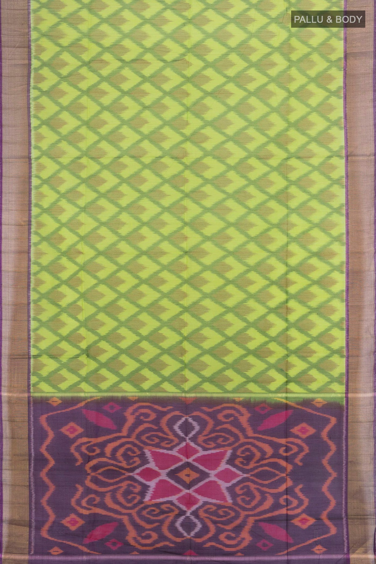 Flat view of Parrot Green Silk Cotton Saree with Ikat Print on the body and Zari Border. 