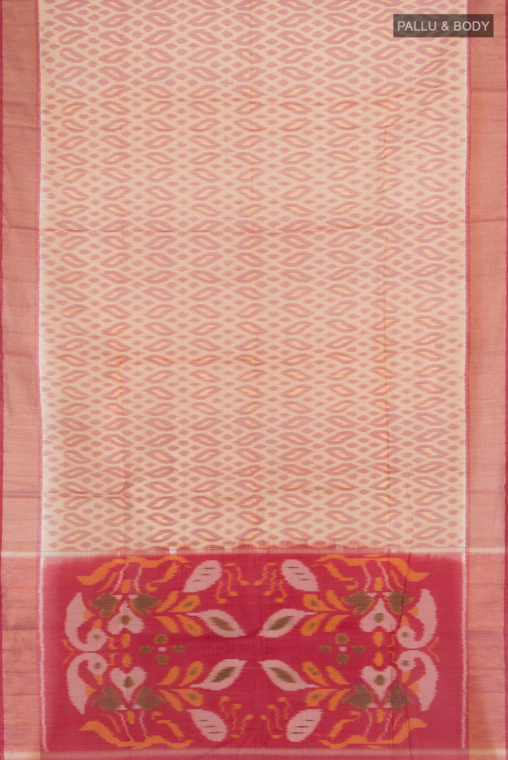 Flat view of Sandal Silk Cotton Saree with Ikat Print on the body and Zari Border. 