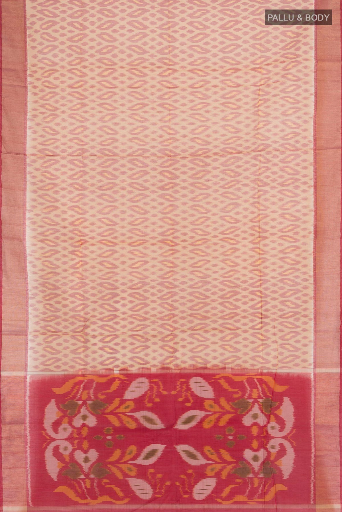 Flat view of Sandal Silk Cotton Saree with Ikat Print on the body and Zari Border. 