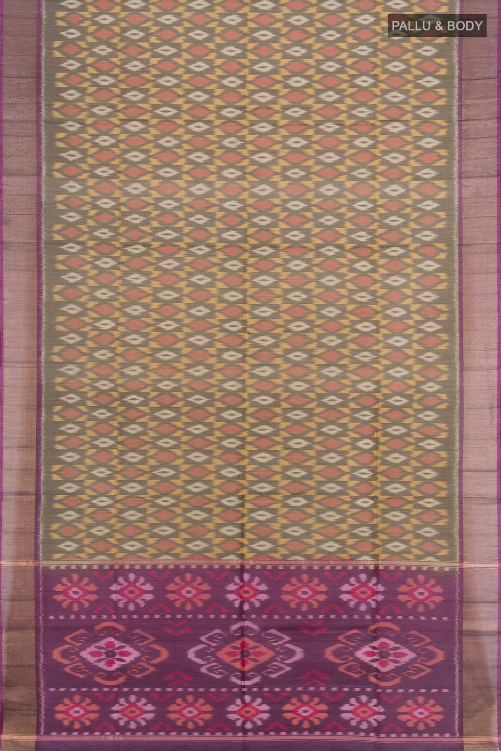 Flat view of Davys Grey Silk Cotton Saree with Ikat design on the body and Zari Border. 