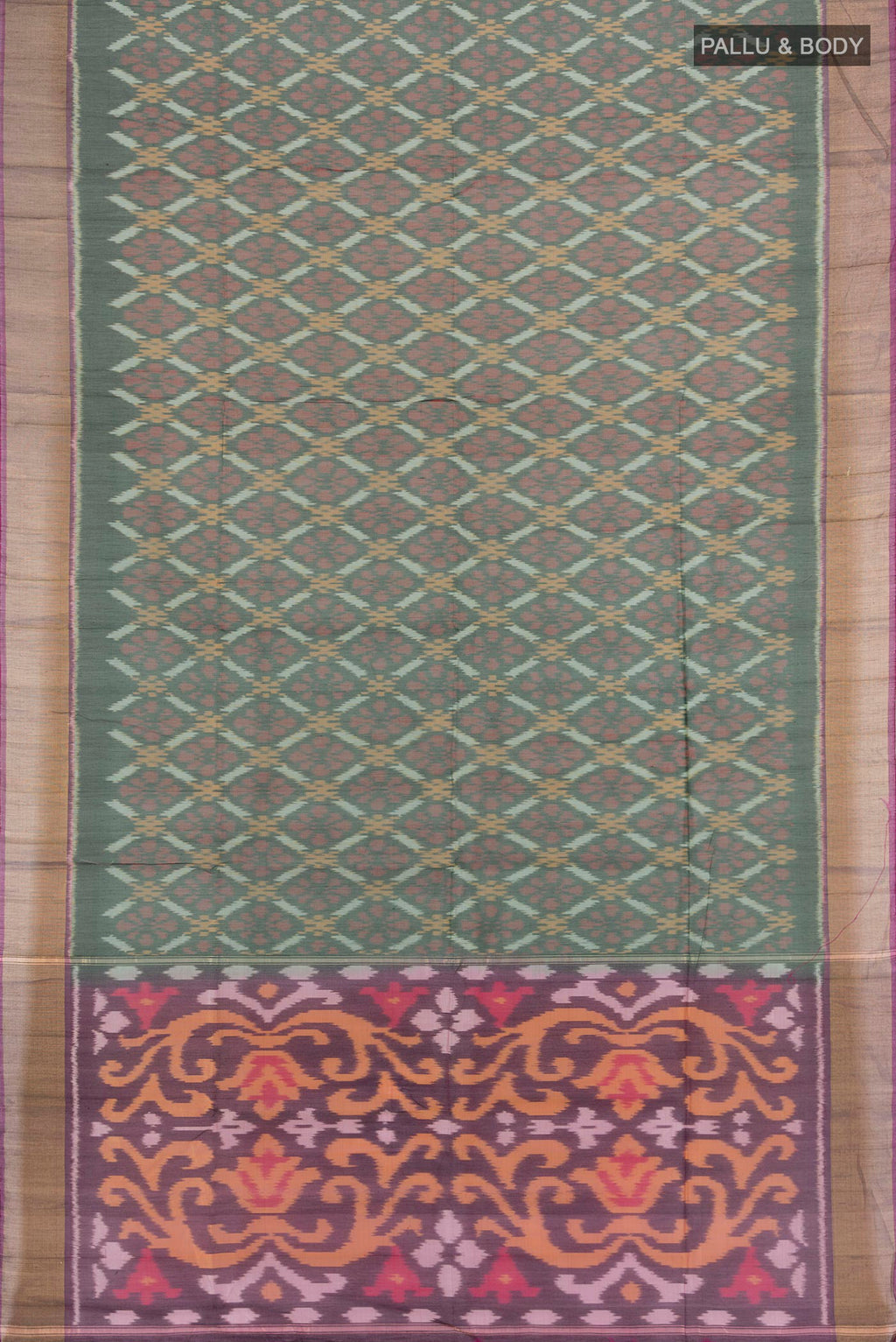 Flat view of Bottle Green Silk Cotton Saree with Ikat Print on the body and Zari Border. 