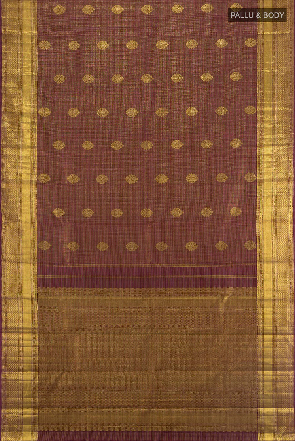 Flat view of Coffee Brown Kanchipuram Silk Saree with Zari Butta on the body and Zari Border. 