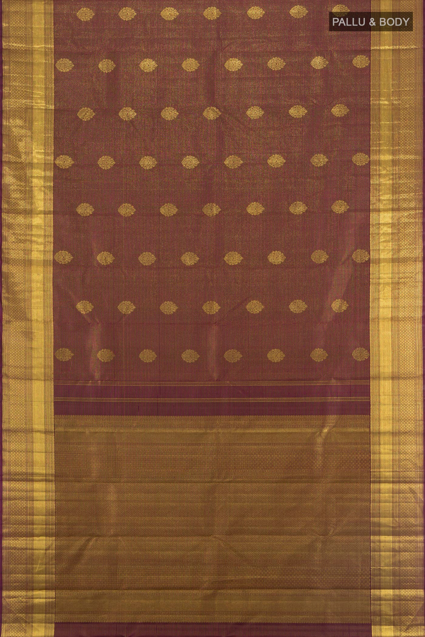 Flat view of Coffee Brown Kanchipuram Silk Saree with Zari Butta on the body and Zari Border. 