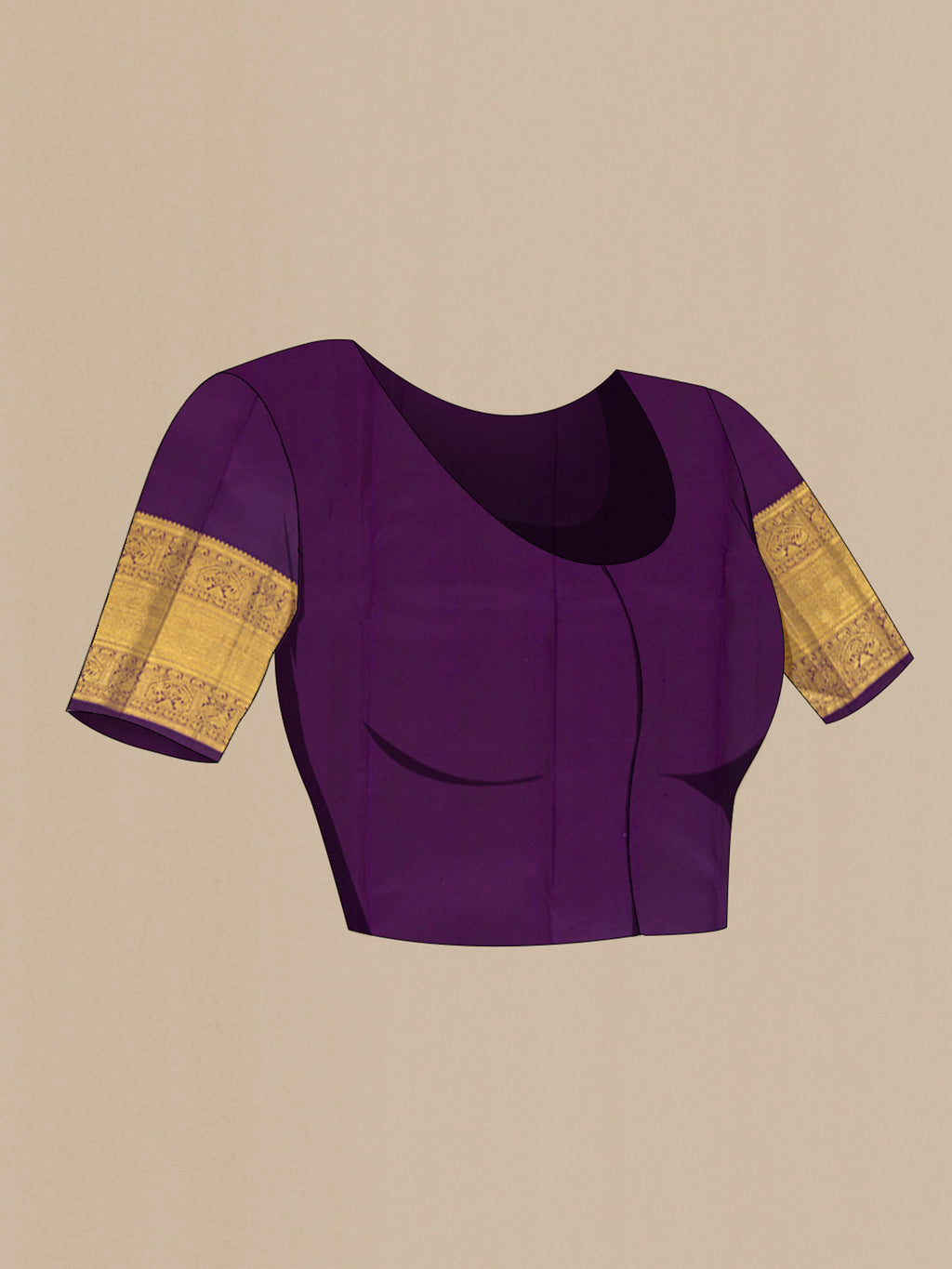 Close up image of the blouse of Violet Kanchipuram Silk Saree with Zari Brocade on the body and Zari Border. 