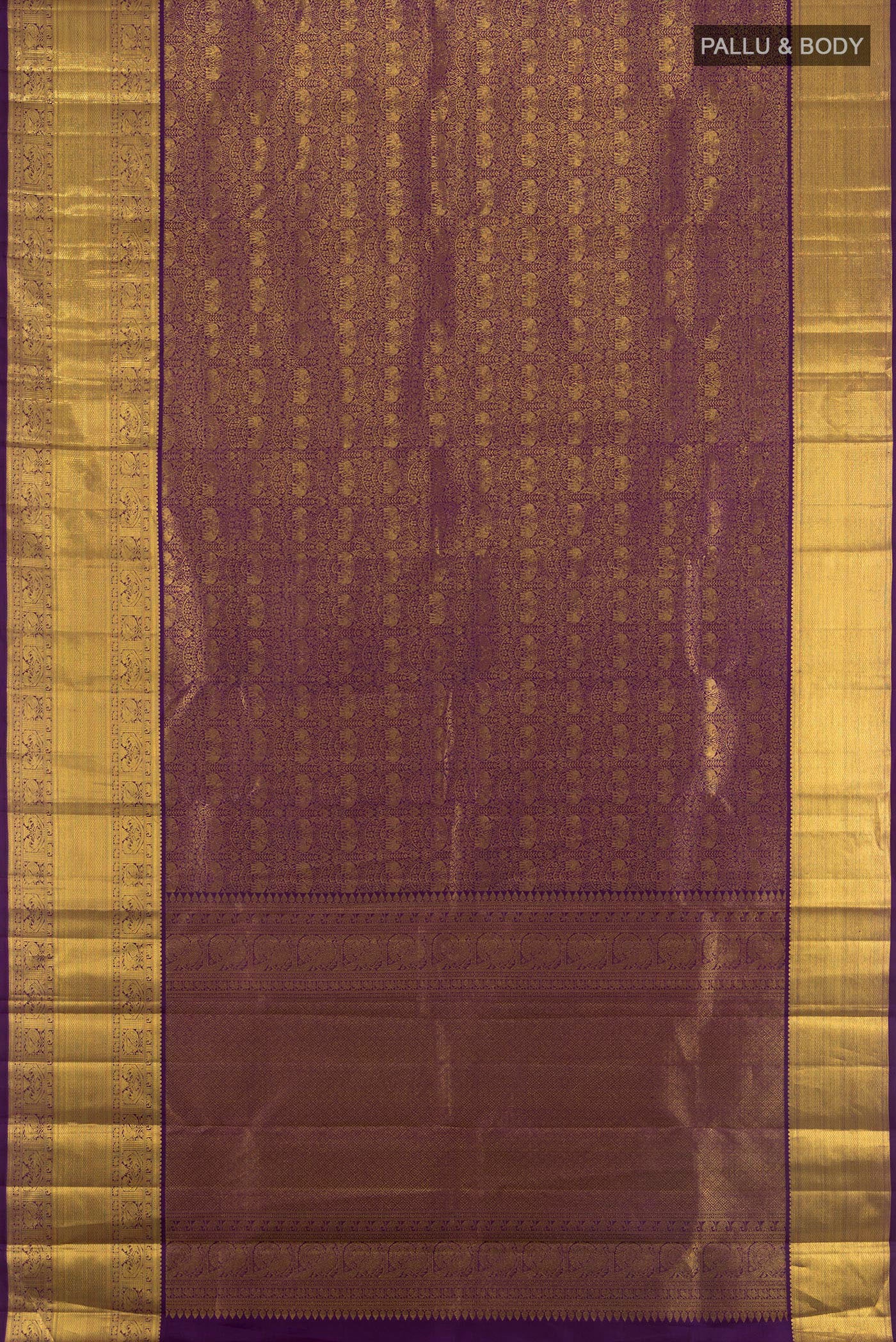 Flat view of Violet Kanchipuram Silk Saree with Zari Brocade on the body and Zari Border. 