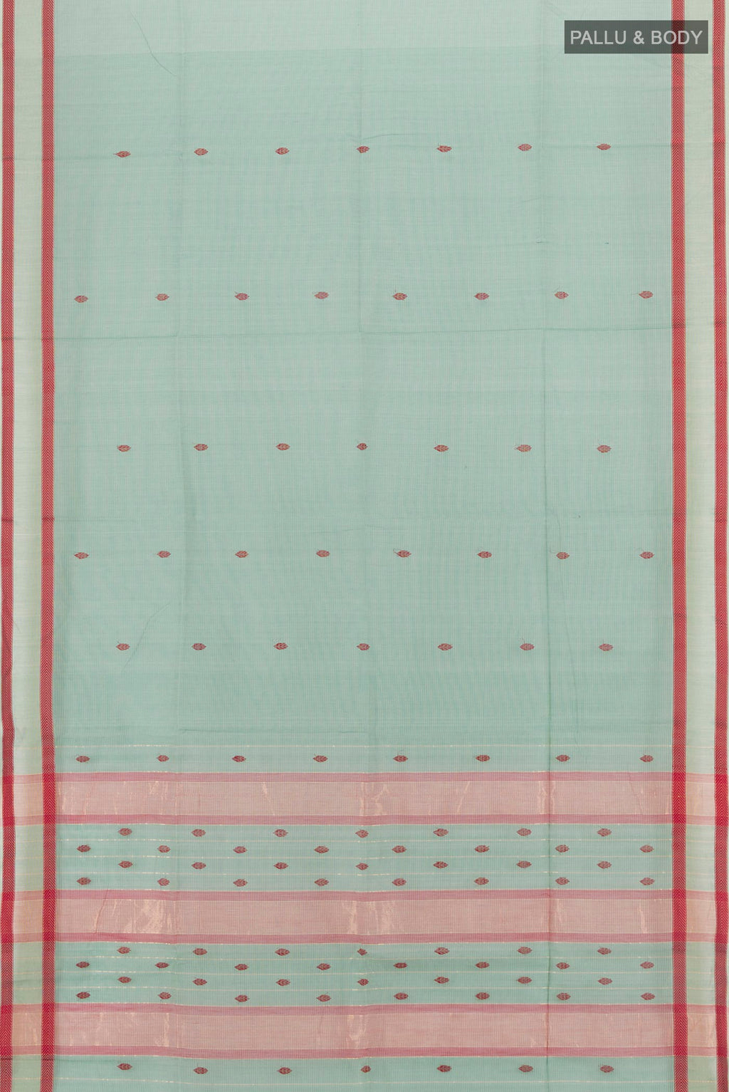 Flat view of Light Blue Maheshwari Silk Cotton Saree with Thread Butta on the body and Thread Border. 