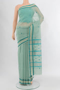 Multi Color Maheshwari Silk Cotton Saree with Zari Butta on the body and Silk Border.  displayed on a mannequin