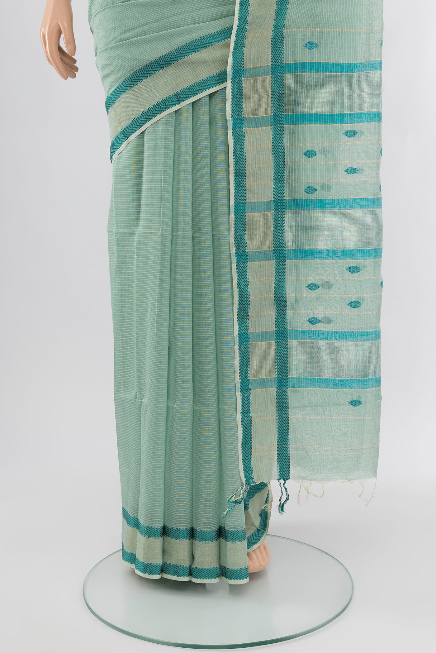 Pleats and pallu of Multi Color Maheshwari Silk Cotton Saree with Zari Butta on the body and Silk Border. 