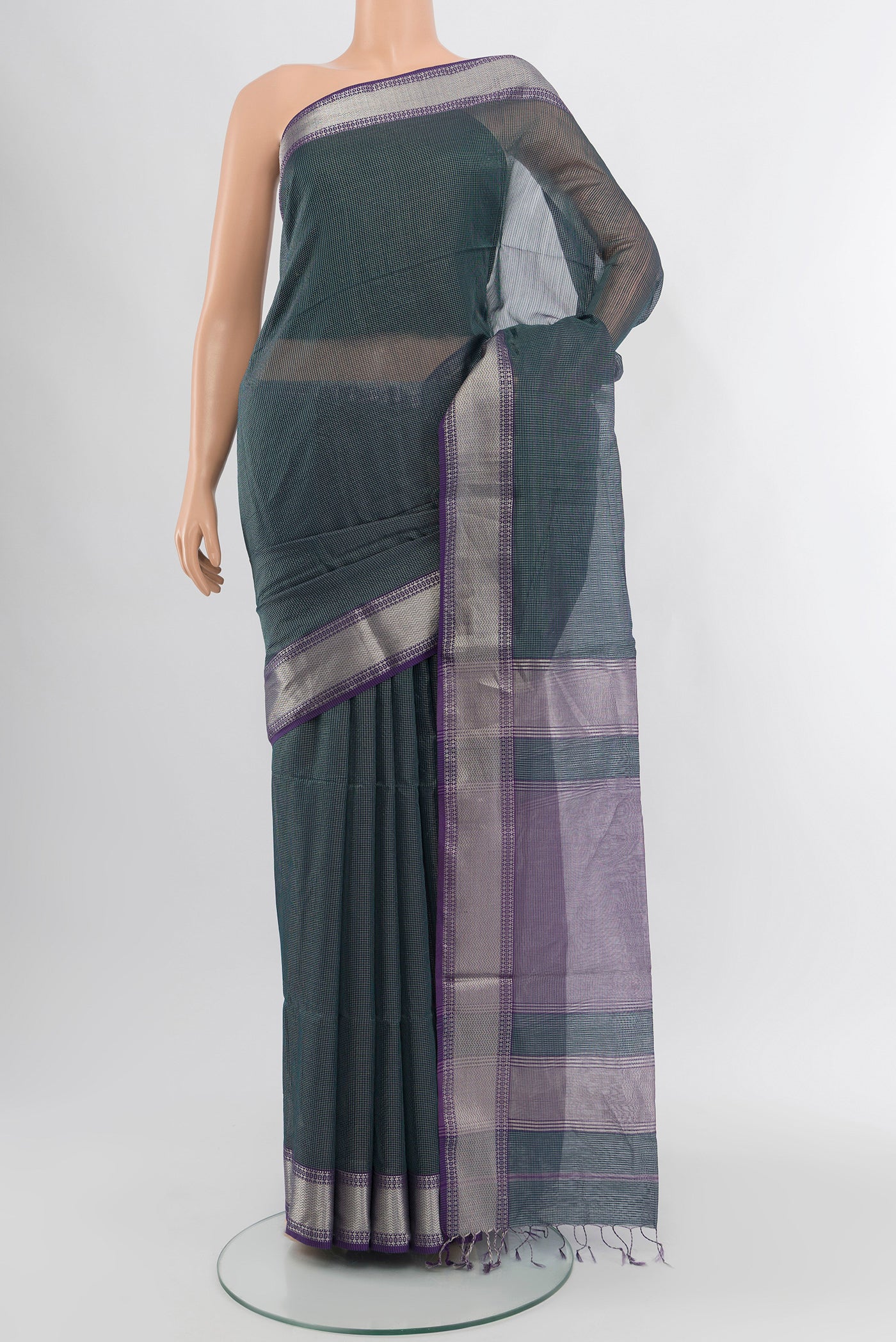 Navy Blue Maheshwari Silk Cotton Saree with Checked design on the body and Zari Border.  displayed on a mannequin